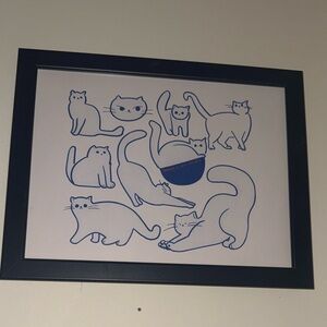 Framed Cat Art Print in Black and Blue